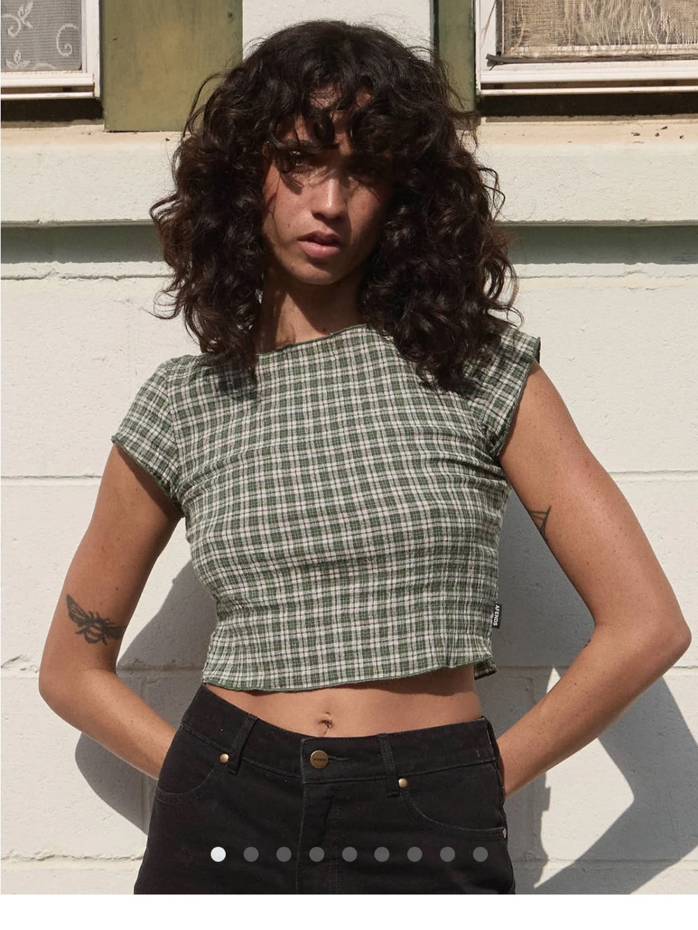 AFENDS DARCY BASE SEERSUCKER Plaid Cap-Sleeve Crop Top - DEEP GREEN CHECK Small